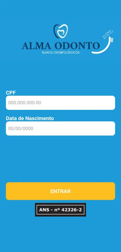 Tela de acesso do aplicativo da Alma Odonto, com login por CPF e data de nascimento