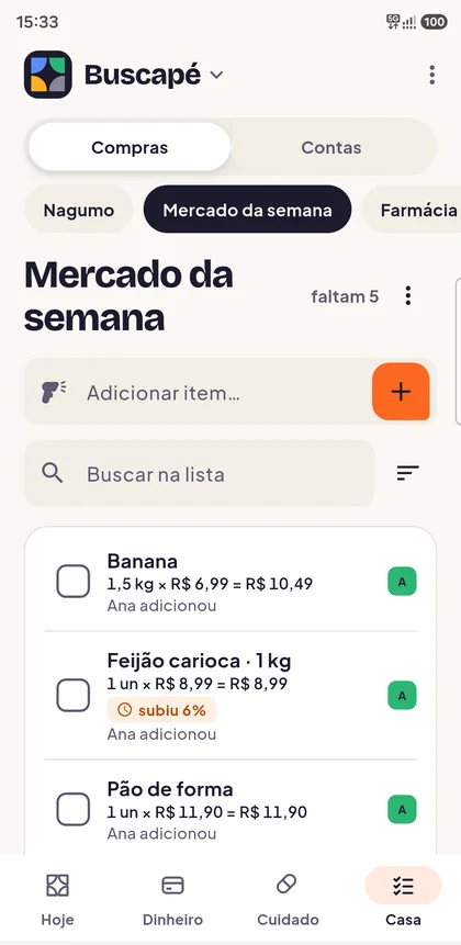 Lista de compras de Familoca, con precio, cantidad y aviso de que los frijoles subieron un 6%
