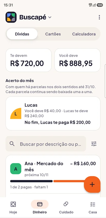 Pantalla de deudas de Familoca, con el ajuste del mes entre dos familiares