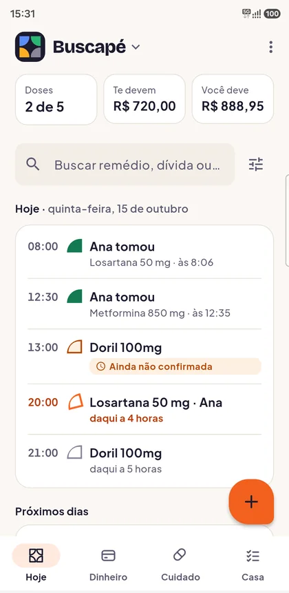 Pantalla Hoy de Familoca, con las dosis del día, cuánto te deben y cuánto debes