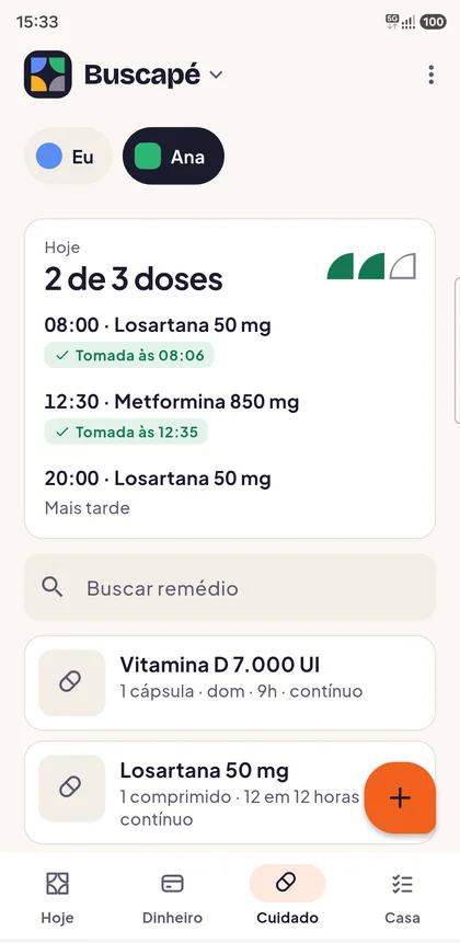 Pantalla de medicamentos de Familoca, con dos de las tres dosis del día tomadas
