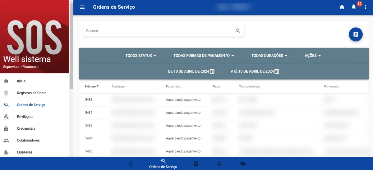 Tela de ordens de serviço do Remaferpa 360°, com dados pessoais borrados